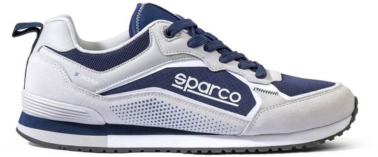 Lichtgrijze en marineblauwe Sparco S-Road sneaker met witte 'sparco' opdruk en een lus aan de achterkant.