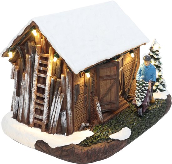 Santaville - Old Wooden Shed with Farmer with LED Polyresin 21cm