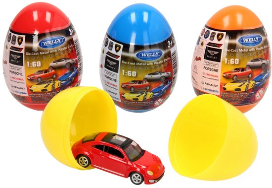 Drie Welly eieren (rood, blauw, oranje) met bijbehorende rode auto's.