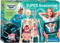 Doos van Clementoni Super Anatomie, met skelet, organen en een meisje met tablet.