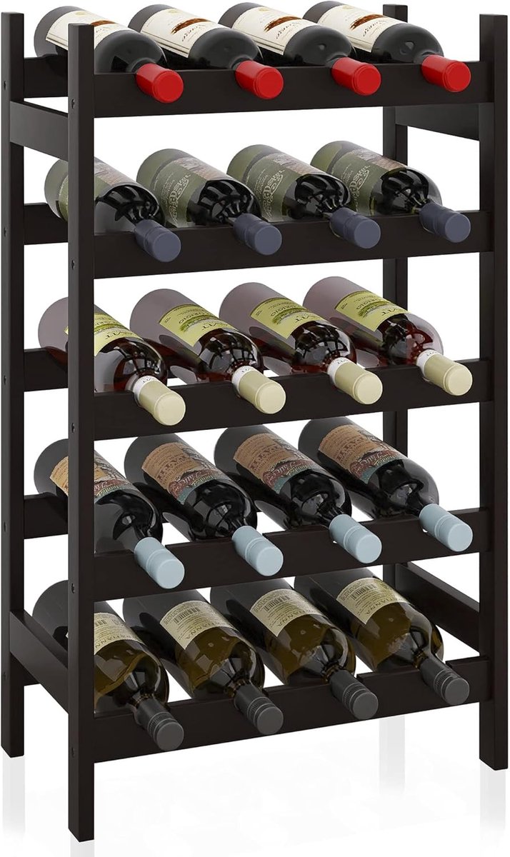 Bamboe wijnrek - 20 flessen - vrijstaand - zwart - 5-tier