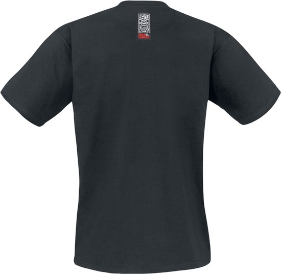 Zwarte t-shirt met op de achterkant bij de nek een patch met Eddie's gezicht.