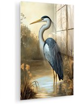 MuchoWow® Glasschilderij 60x90 cm - Schilderij acrylglas - Reiger - Water - Planten - Foto op glas - Muurdecoratie woonkamer - Wanddecoratie slaapkamer - Schilderijen