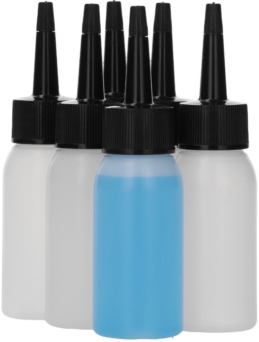6 x 50 ml ronde fles HDPE naturel + doseer tuitdop knijpbaar zwart - BPA Vrij - Niet Breekbaar - Plastic Flesjes Navulbaar - Met Dop - Lege Flessen - 6 stuks