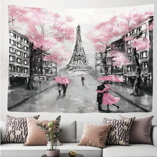 Ulticool - Paris Tour Eiffel Zwart Wit Rose Vintage Blossom - Tapisserie - 200x150 cm - Groot tapisserie - Affiche