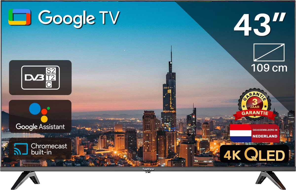 Google Smart TV | TeeView 43 inch QLED TV, 4K Ultra HD Google TV | 3xHDMI 2x USB | Ci+ | Triple Tuner DVB-T/T2/S/S2/C | Frameless Design | in Eindhoven geassembleerd | TV43QQG-EU - Google - €248,99
