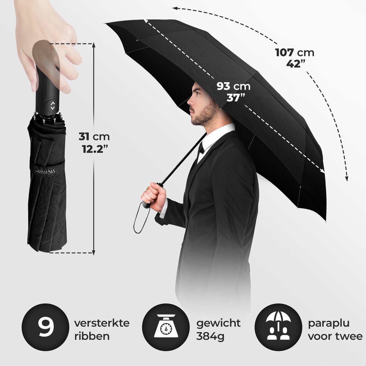 Wilford & Sons Stormparaplu Opvouwbaar Zak Paraplu Stormproof + Knop Automatisch & Beschermhoes | Heren Dames - Compact Stevig, Teflon Wind & Waterdicht Handvat Polsstrap| Reisparaplu Zakparaplu Golf, Zwart - Dubble Dak — cadeau in Cadeau-ideeën - foto 2