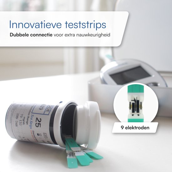 Flesje met 25 Mecura teststrips met groene rand en 9 elektroden. Innovatieve, dubbel verbonden teststrips.