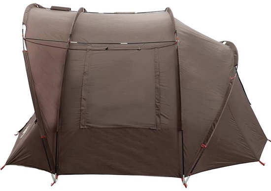 Achterkant van een bruine 2-persoons tent met een raam en ventilatieopeningen.