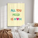 Lichtgele poster met de tekst 'ALL YOU NEED IS MOM' in kleurrijke letters. Een hartje vervangt de 'O' in MOM.