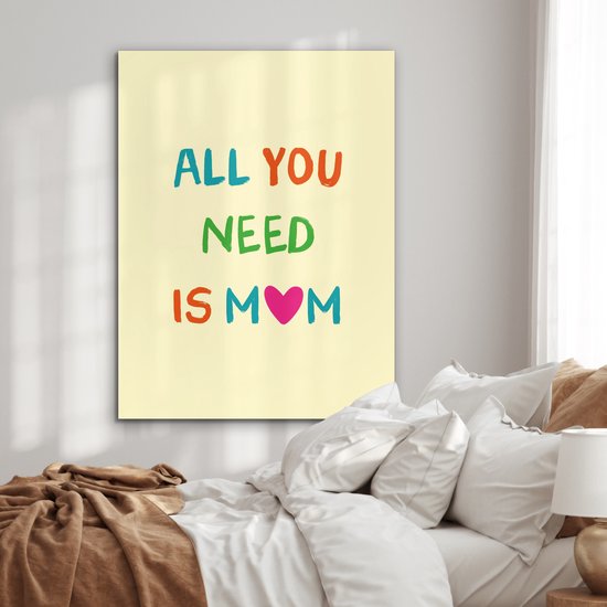 Lichtgele poster met de tekst 'ALL YOU NEED IS MOM' in kleurrijke letters. Een hartje vervangt de 'O' in MOM.