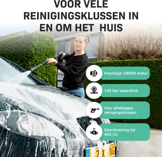 VONROC Hogedrukreiniger V18-2 1800W – 140 bar – 420 l/h – Incl. 8m slang, geïntegreerde reinigingsmiddelen tank, terrasreiniger, spuitstukken en accessoires — afbeelding 2
