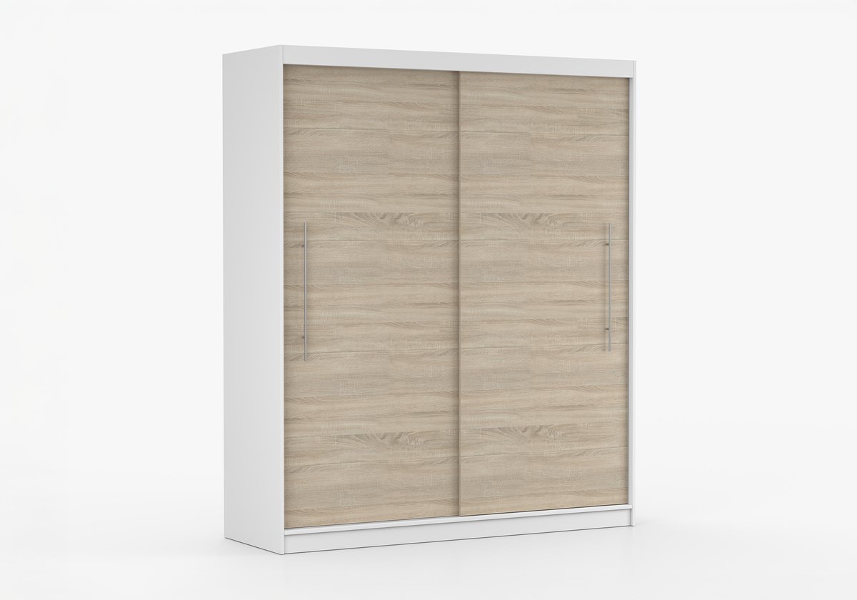 AJE Meubles B.V. Kledingkast NICO II 203 cm - 2-deurs schuifdeurkast met kledingstang - Garderobekast met ruime opbergruimte - Moderne kast voor slaapkamer en hal (Wit + Sonoma)