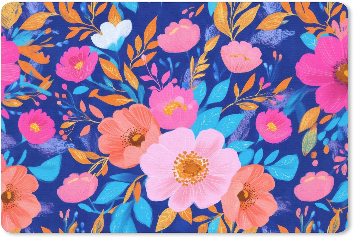 Muismat 27x18 cm - Mousepad Bloemen - Blauw - Roze - Muismatten