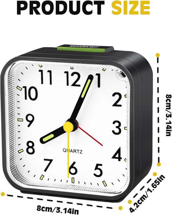 Stille Analoge Kwartswekker met Snooze en Nachtlampje - Draagbare Wekker voor Slaapkamer en Reizen — afbeelding 2