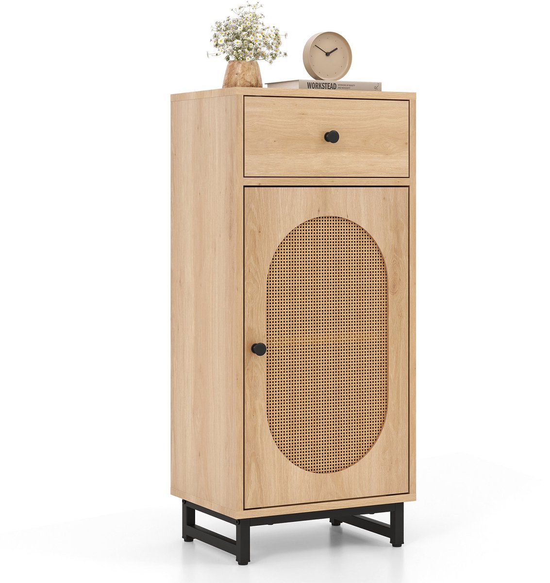 Costway Nachtkastje rotan met deur en lade, boho bijzettafel met verstelbare plank en voetkussens, smalle rotankast voor woonkamer, slaapkamer, hal, 40 x 30 x 91 cm, naturel