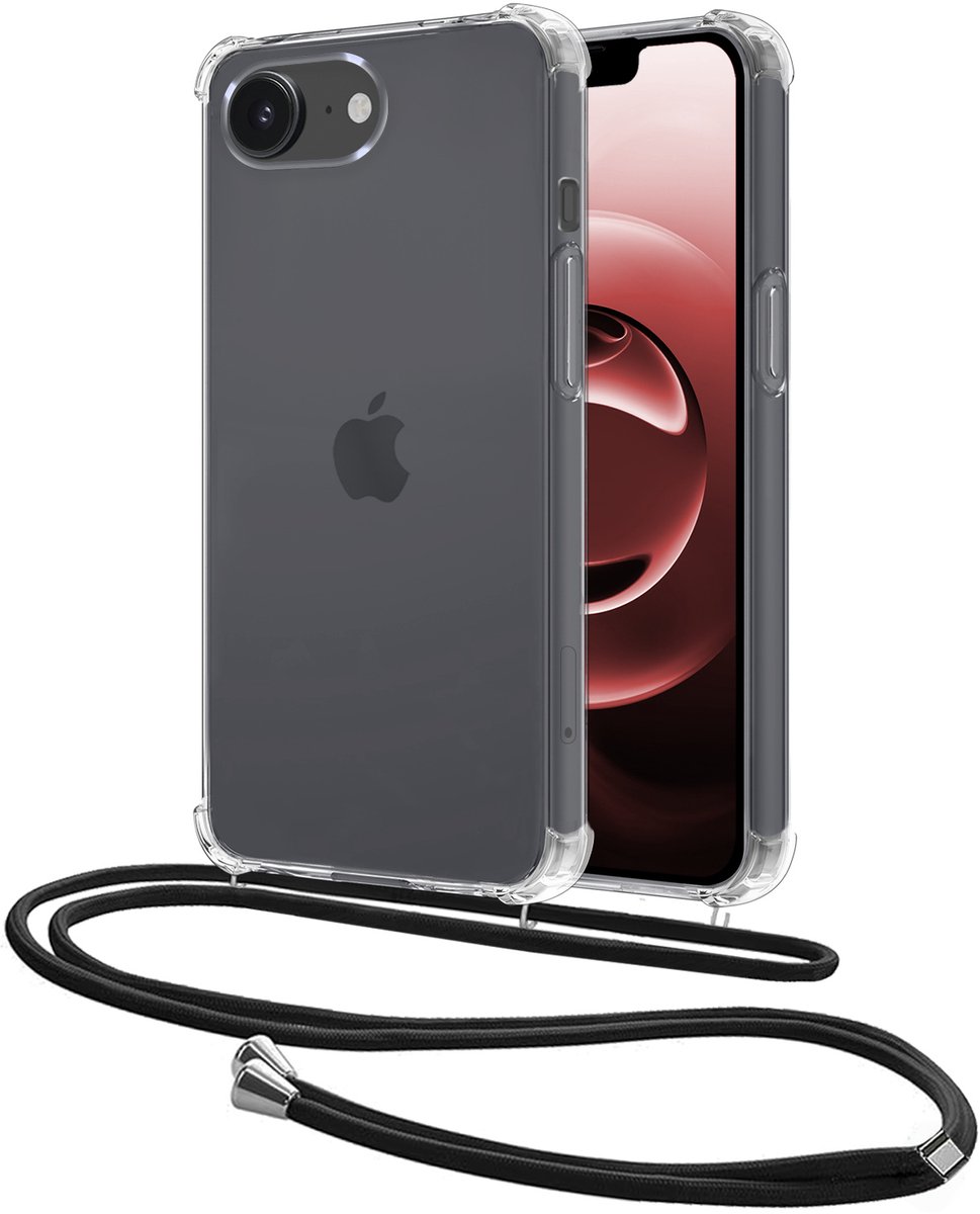 Hoesje - Geschikt voor Apple iPhone 16e / 17e - Met Koord - Shock Proof - Siliconen Case - Back Cover - Telefoonkoord - Telefoon Hoes Shockproof - Telefoonketting - Transparant
