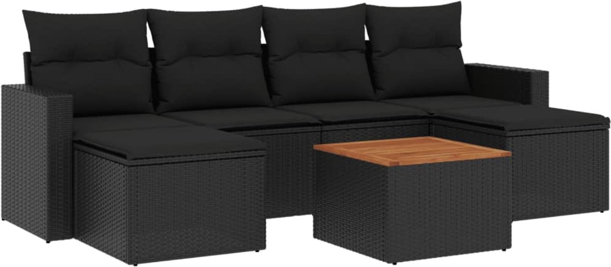 The Living Store 7-delige Loungeset met kussens poly rattan zwart - Loungeset - Lounge Set - Tuinlounge - Buitentijdbank - Loungebank