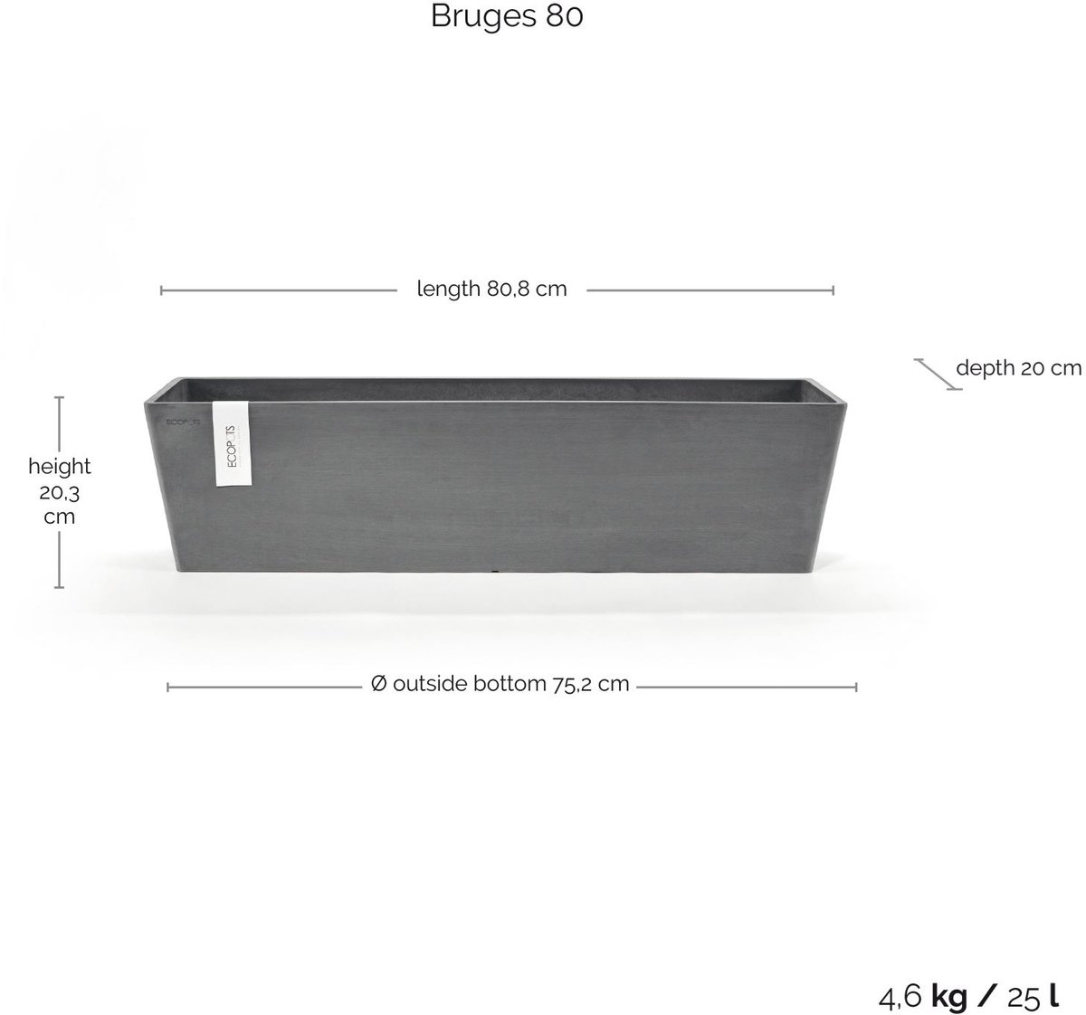 Ecopots Planter Bruges 80 - Grey - 80,8 x 20 x H20,3 cm