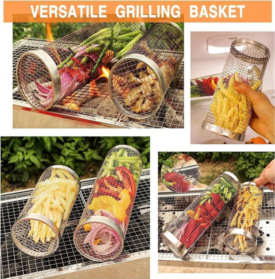 2-stuks Roterende Grillmanden – Roestvrij Staal 304, Cilindrisch, 360° Draaibaar, Met Afneembare Handgreep, Voor BBQ En Camping
