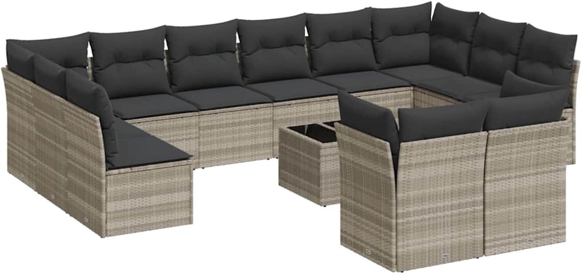 The Living Store 13-delige Loungeset met kussens poly rattan lichtgrijs - Loungebank - Lounge Set - Buitendecoratie - Tuinmeubels - Ratten Meubel