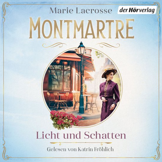 Couverture de livre : Montmartre - Lumière et Ombre, avec une femme en robe violette au premier plan et un café parisien en arrière-plan.