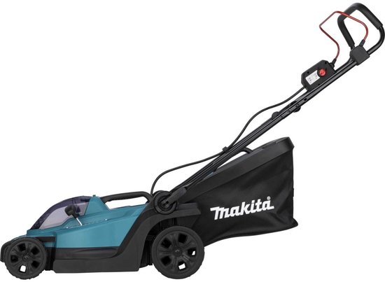 Turquoise Makita grasmaaier met zwarte grasopvangzak, gezien vanaf de zijkant.