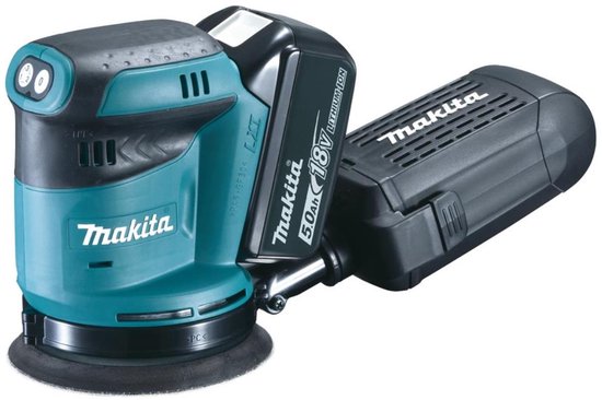Turquoise en zwarte Makita excenterschuurmachine met accu en stofopvangbak.