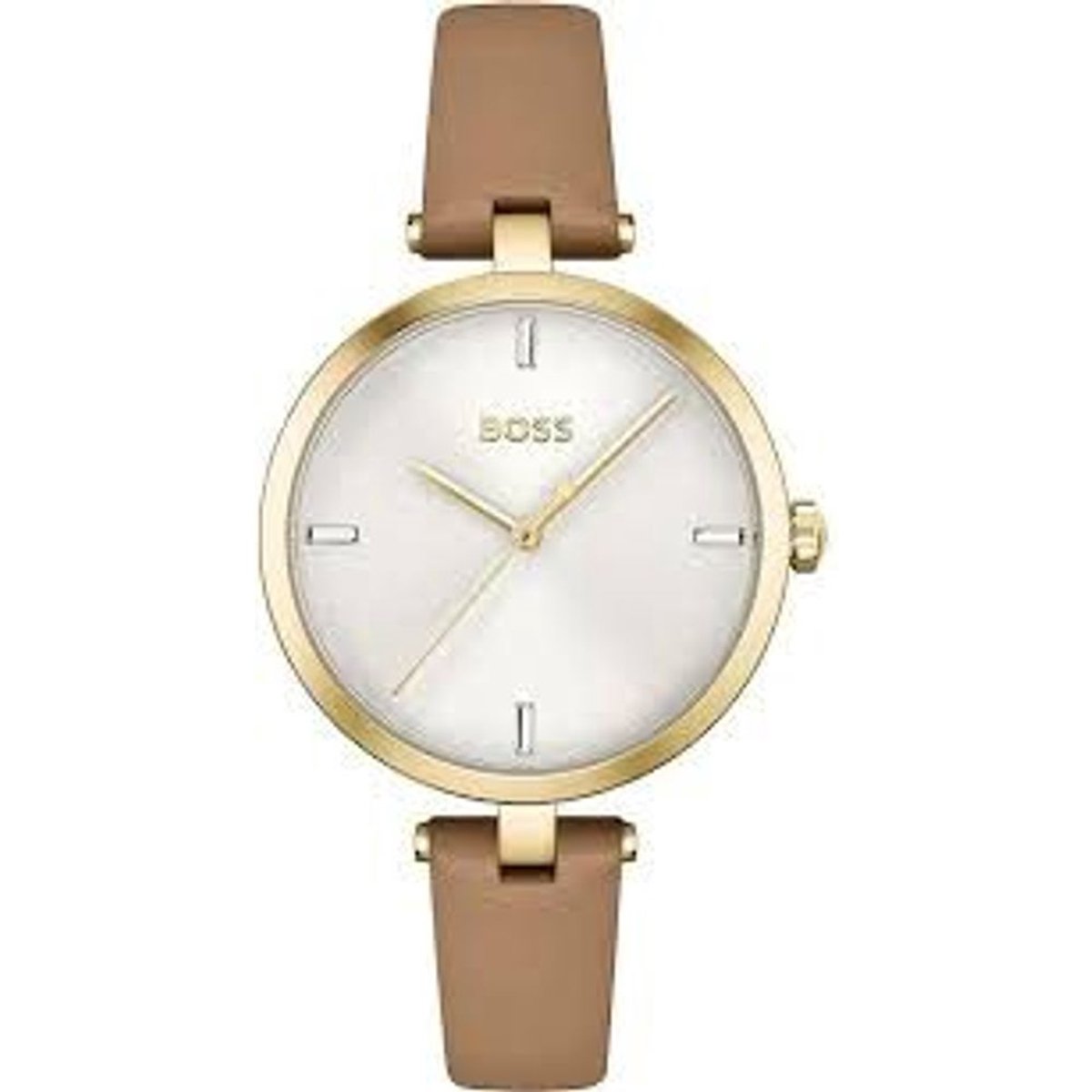 Hugo Boss Beige Leather Watch Met Gouden Stalen Kast