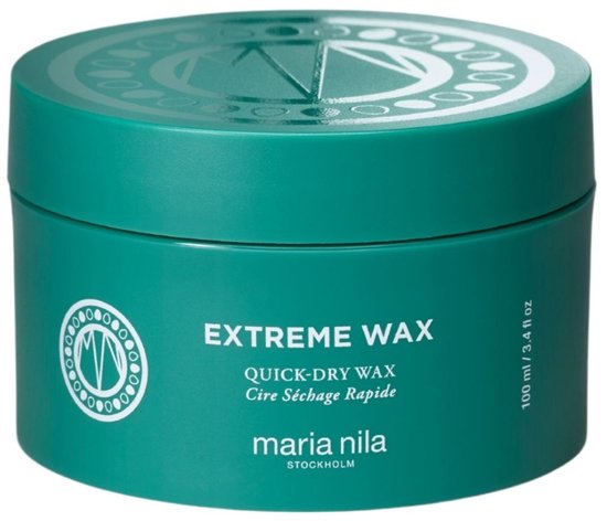 Groene pot met deksel van Maria Nila Extreme Wax, met de tekst 'EXTREME WAX QUICK-DRY WAX'.