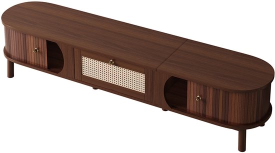 Donkerhouten tv-meubel met ronde vormen, rieten middenlade, ronde zijvakken en messing knoppen.