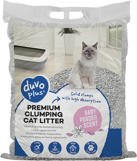Duvo Plus Premium Clumping Cat Litter, baby powder scent. Bag with cat and litter box.