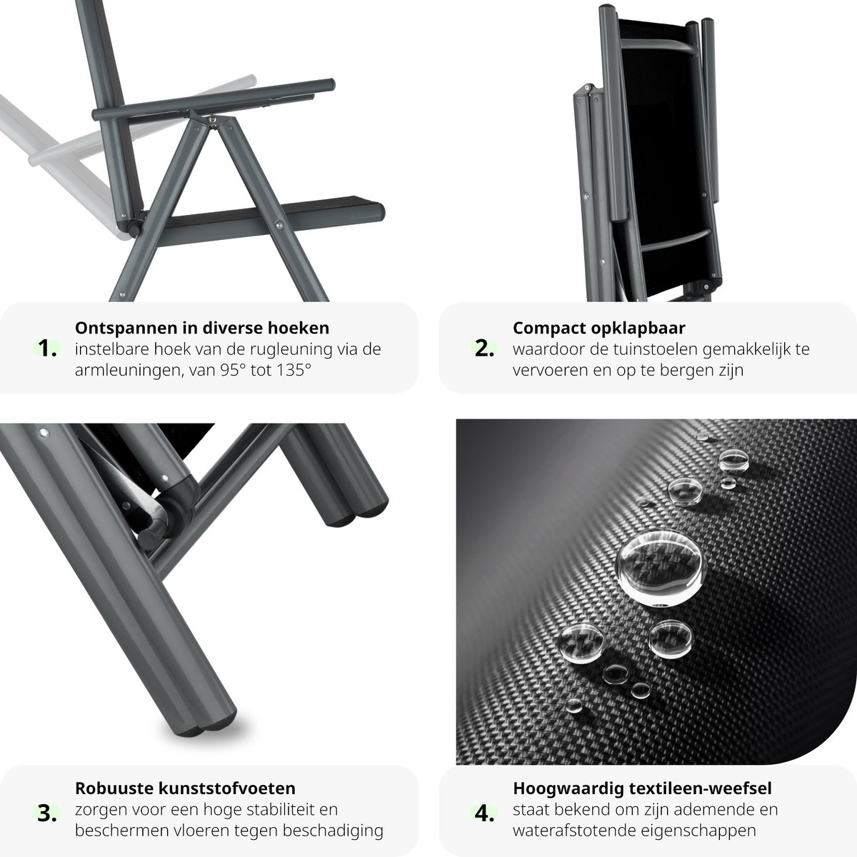 tectake® - Aluminium Tuinset - Zitgroep met 4 Tuinstoelen en 1 Tuintafel - Donkergrijs - Tuinmeubelset voor 4 Personen - Weerbestendig en UV-bestendig - Stoelen met verstelbare Rugleuning - Tuintafelset – foto 8