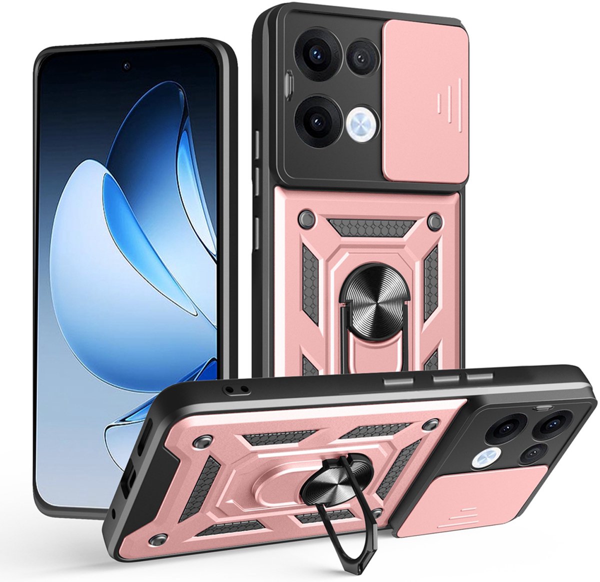 MobyDefend Hoesje - Geschikt voor Oppo Reno13 - Pantsercase Met Draaibare Ring - Rosé