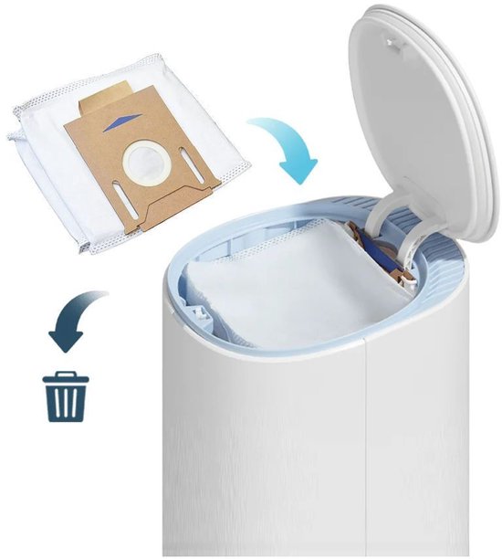 Démonstration du remplacement d'un sac à poussière dans une base d'aspirateur blanche avec une flèche vers une poubelle.