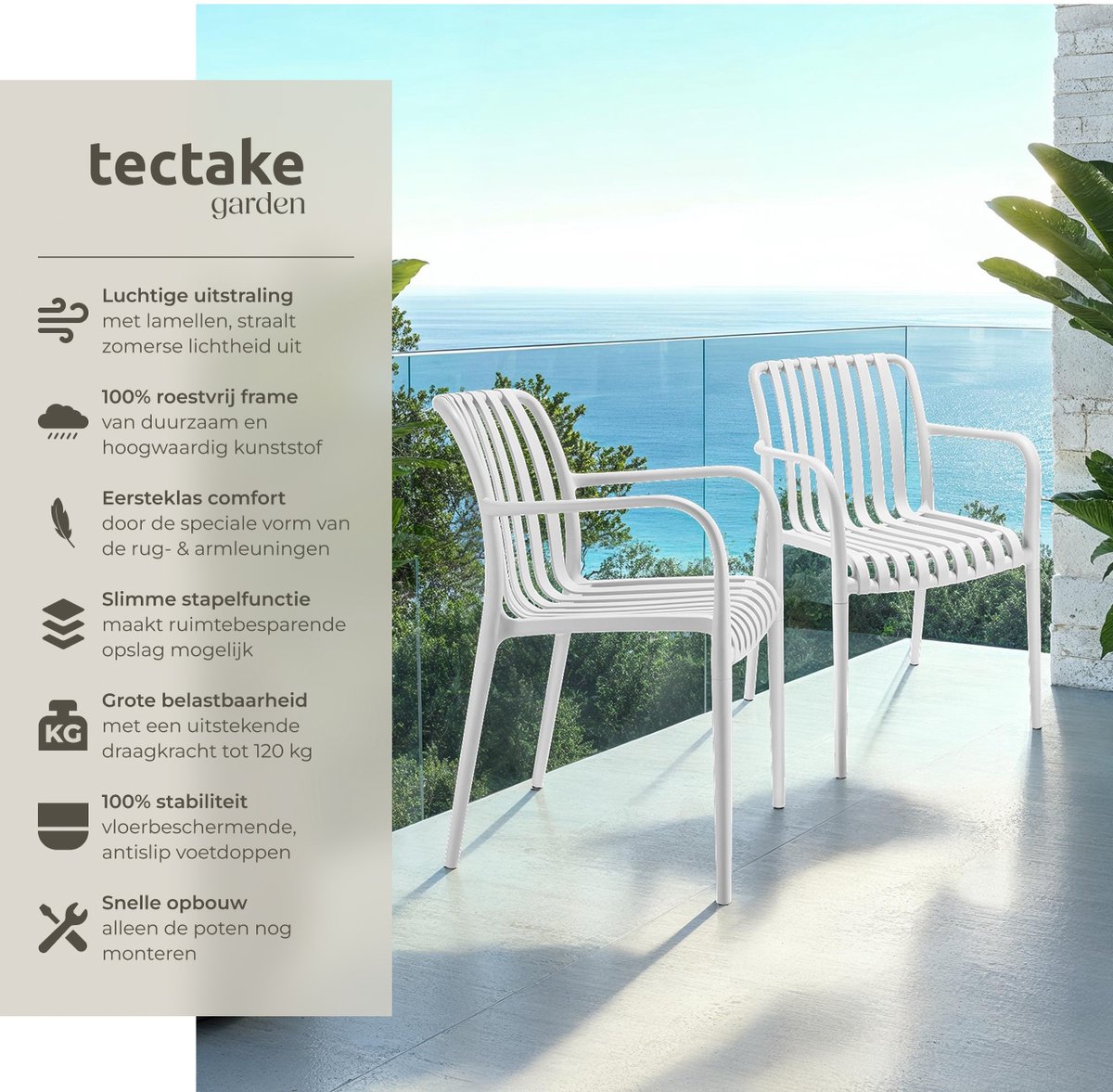 tectake® Set van 6 Tuinstoelen Alcudia - Creme - Kunststof Stoelen met Armleuning - Tuinset voor om de Tuintafel of op de Camping Stapelbaar - Stoelen voor Tuin, Terras of Balkon - Weerbestendig en UV-bestendig - Draagkracht 120kg per Tuinstoel – foto 7