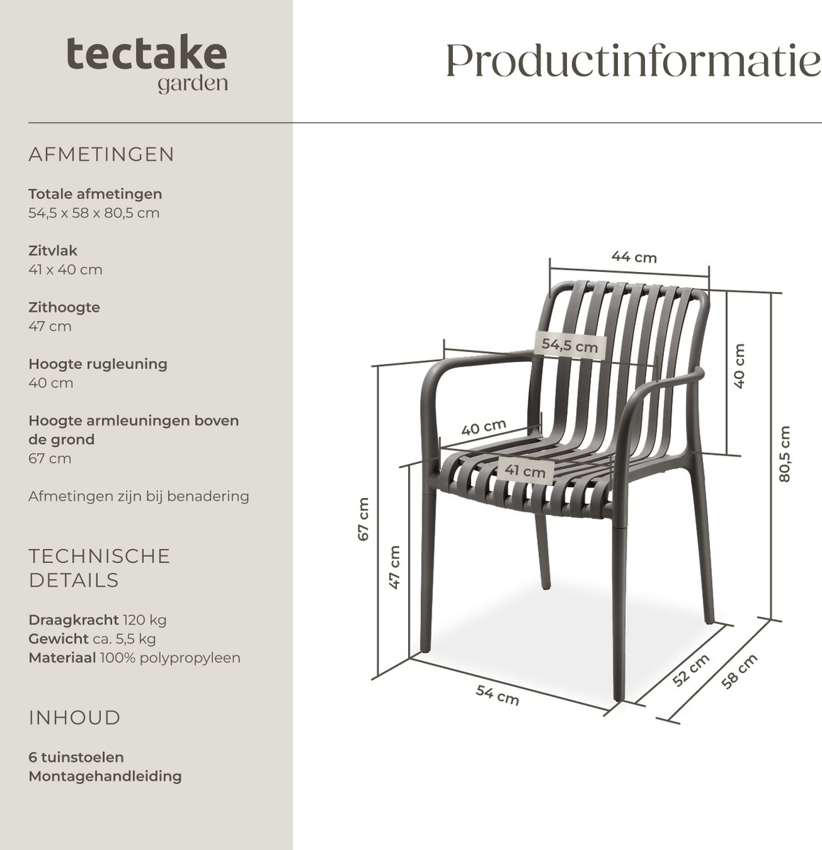 tectake® Set van 6 Tuinstoelen Alcudia - Antraciet - Kunststof Stoelen met Armleuning - Tuinset voor om de Tuintafel of op de Camping - Stapelbaar - Stoelen voor Tuin, Terras of Balkon - Weerbestendig en UV-bestendig - Draagkracht 120kg per Tuinstoel – foto 5