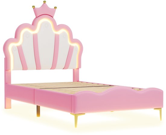 BLSYHDH Prinsessenkroon bed 90 x 200 cm, kinderbed met leds, roze, meisjesbed met lattenbodem (roze, 90 x 200 cm