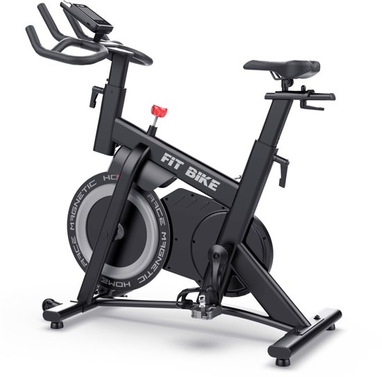 Zwarte FitBike spinfiets, magnetisch weerstandsysteem, met trainingscomputer. Vooraanzicht.