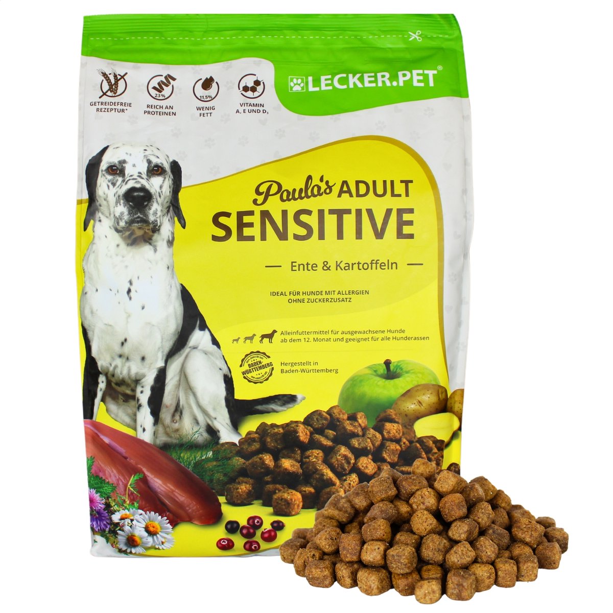 Lyra Pet 4 kg Lecker.Pet® Paula's Adult Sensitive Eend & Aardappel droog hondenvoer compleet voer houdbaar tot 4/2026