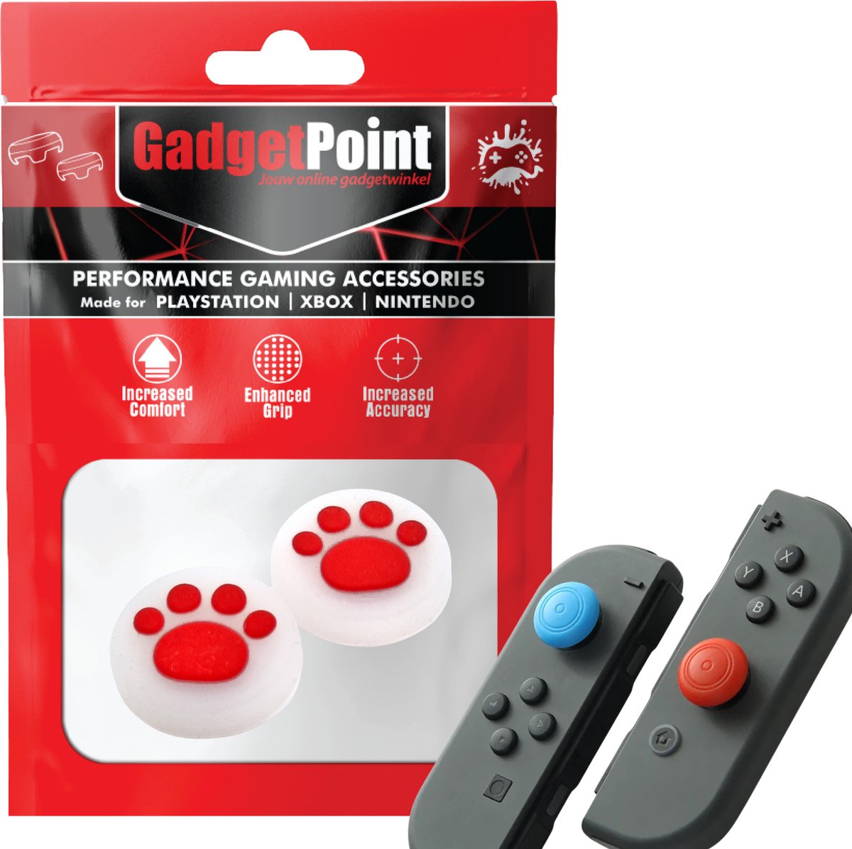 Gadgetpoint | Gaming Thumb Grips | Performance Thumbsticks | Accessoires geschikt voor Nintendo Switch Joy-Con Controller(s) | Thumbgrips | Pootjes - Transparant met Rood