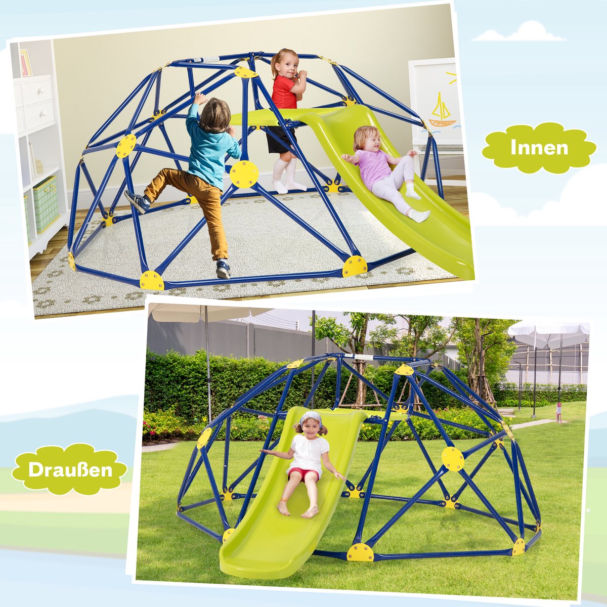 COSTWAY Klimkoepel en Speelset, Geometrische Koepel met Glijbaan, Draagvermogen van 180 KG, Speeltuin voor Kinderen van 3 tot 10 Jaar, Ideaal voor Gym, Achtertuin, Tuin, Park — afbeelding 7