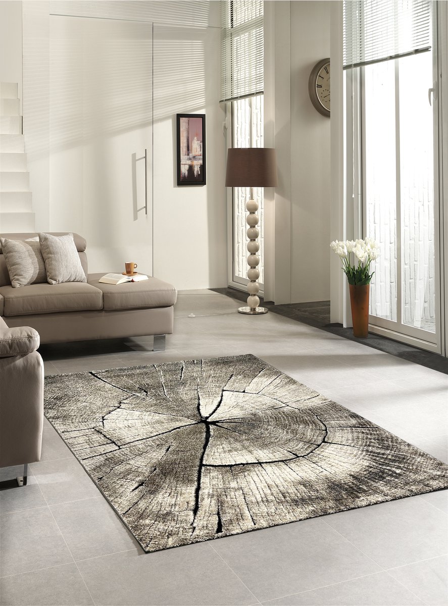 the carpet Marla – Modern vloerkleed met boomstam motief, houtlook tapijt, natuurlijk design voor woonkamer en slaapkamer, beige grijs, 80 x 150 cm