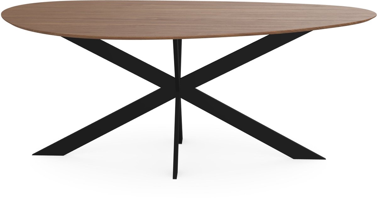 Melamine eettafel noten – kiezelvorm met dun zwart onderstel - eiken tafel 160 x 80 cm