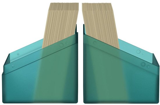 Twee turquoise Ultimate Guard kaarthouders gevuld met kaarten.