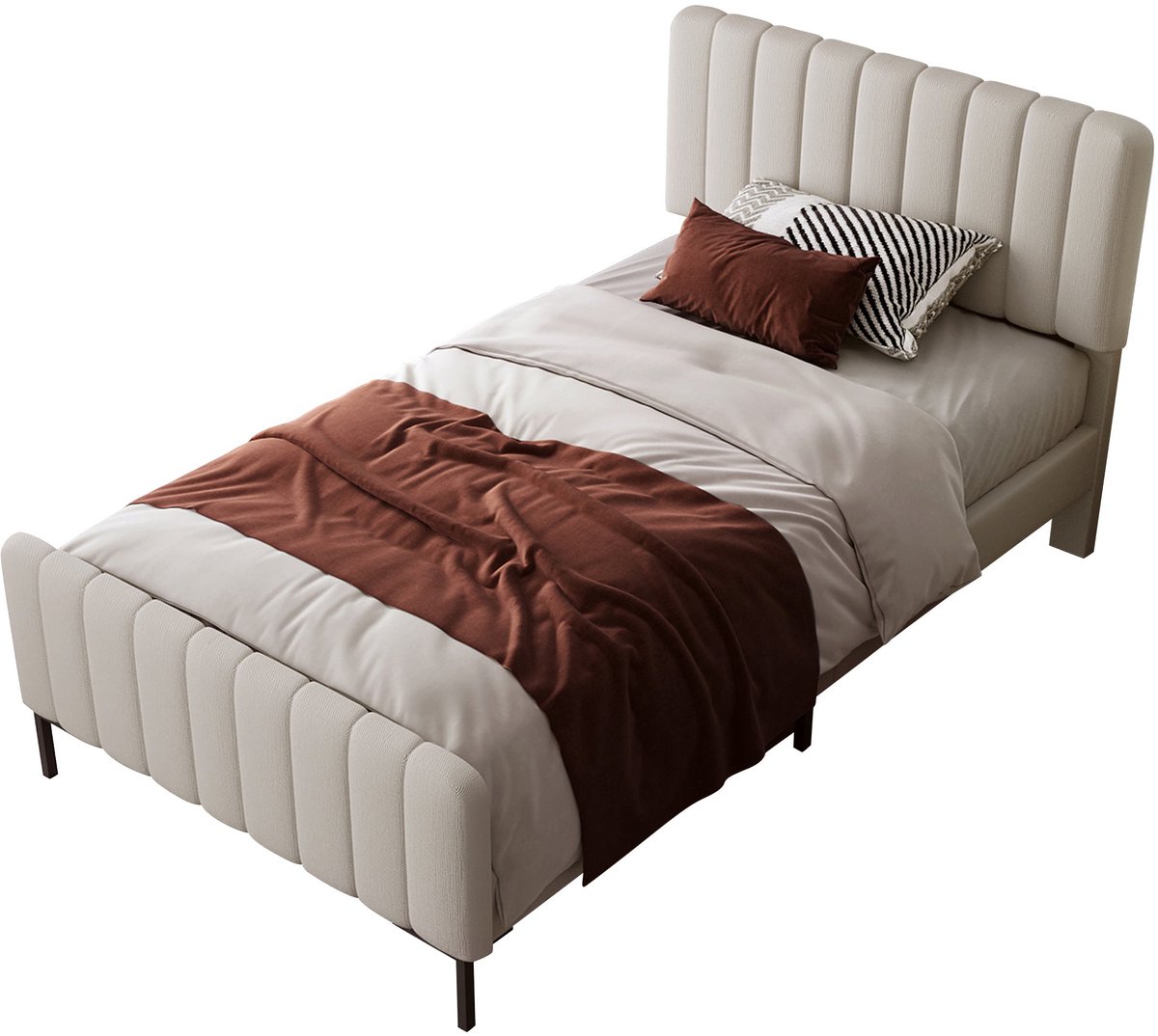 Merax Gestoffeerd Eenpersoonsbed 90x200 cm met Verstelbaar Hoofdbord en Houten Lattenbodem - Grijs-Beige