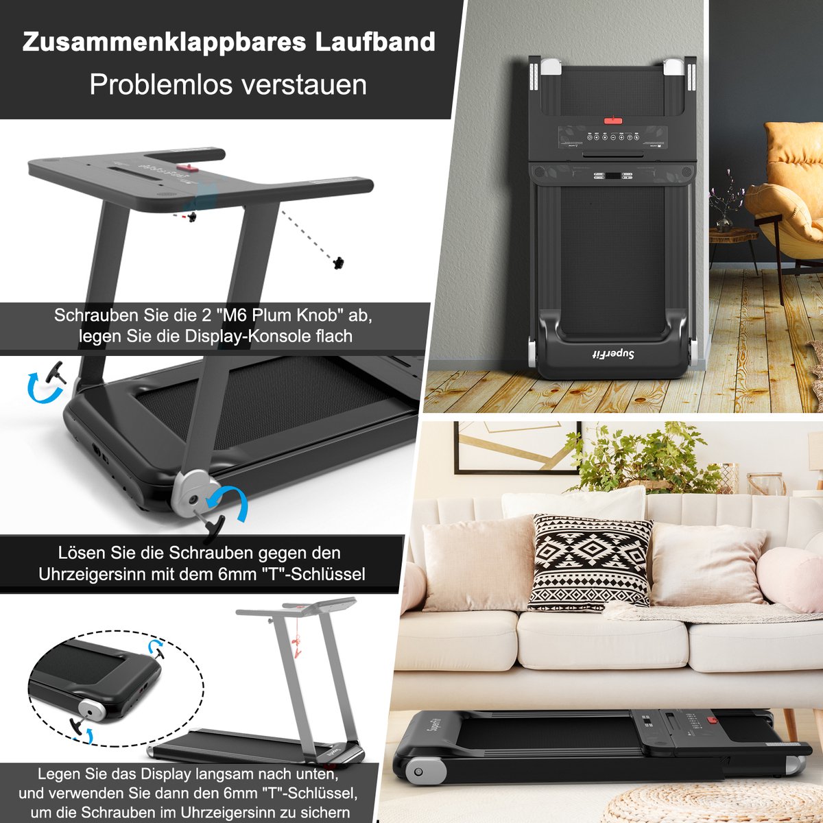 COSTWAY Opvouwbare Treadmil, elektrische loopband voor thuis, 0,75 pk elektromotor, 3 modi en 12 programma's, led-display, snelheid 0-12 km/u, app-gecontroleerd, bluetooth-luidspreker