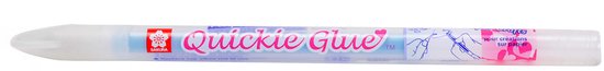 Stylo-colle blanc avec logo 'Quickie Glue', motifs roses et bleus et une pointe effilée.