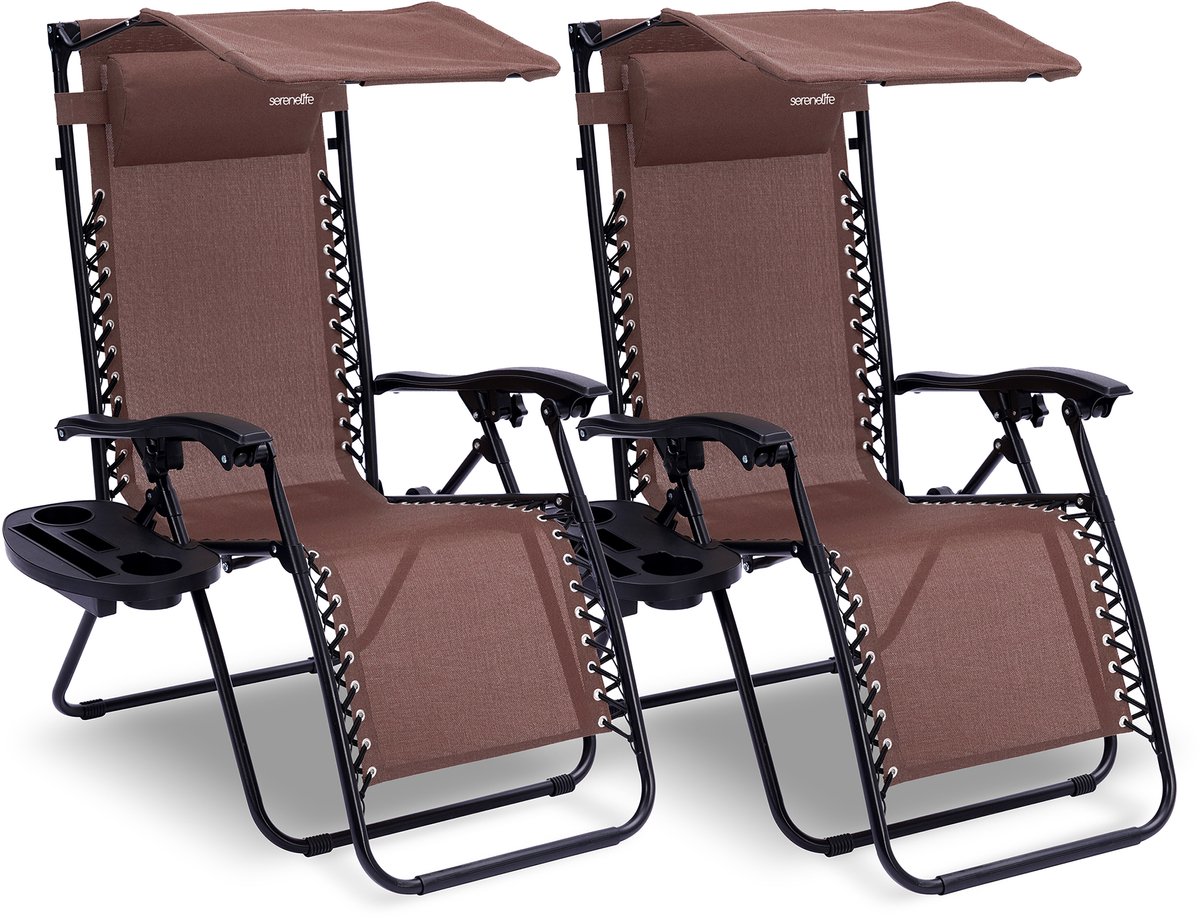 SereneLife Ligstoel set van 2 – Verstelbare Buitenkamerstoel met Afneembaar Bekerhouderblad en Zonnescherm– Inklapbare Relaxstoel met Verwijderbare Kussens