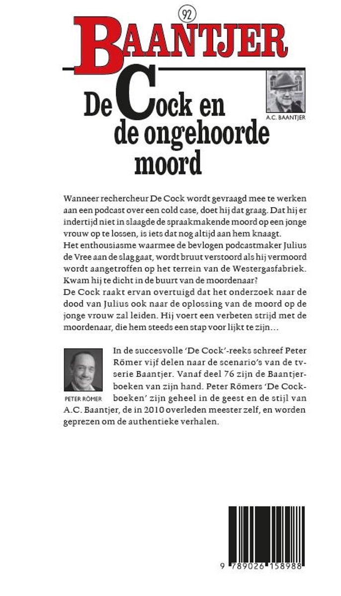 Achterpagina van Baantjer 92 - De Cock en de ongehoorde moord, met portret van A.C. Baantjer.